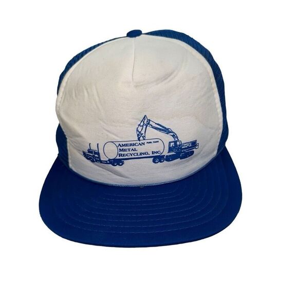 Vintage American Metal Recycling Designer Award Blue Whte Snap Back Trucker Hat - Picture 1 of 5